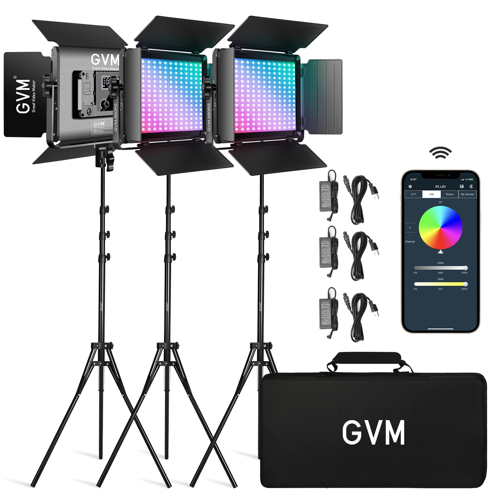 GVM RGB LED Video Light with Bluetooth Control, 880RS 60W Photography Lighting kit Dimmable LED Panel with LCD Screen, 3 Packs Studio Light for YouTube, Streaming, Gaming, 8 Applicable Scenes, CRI97