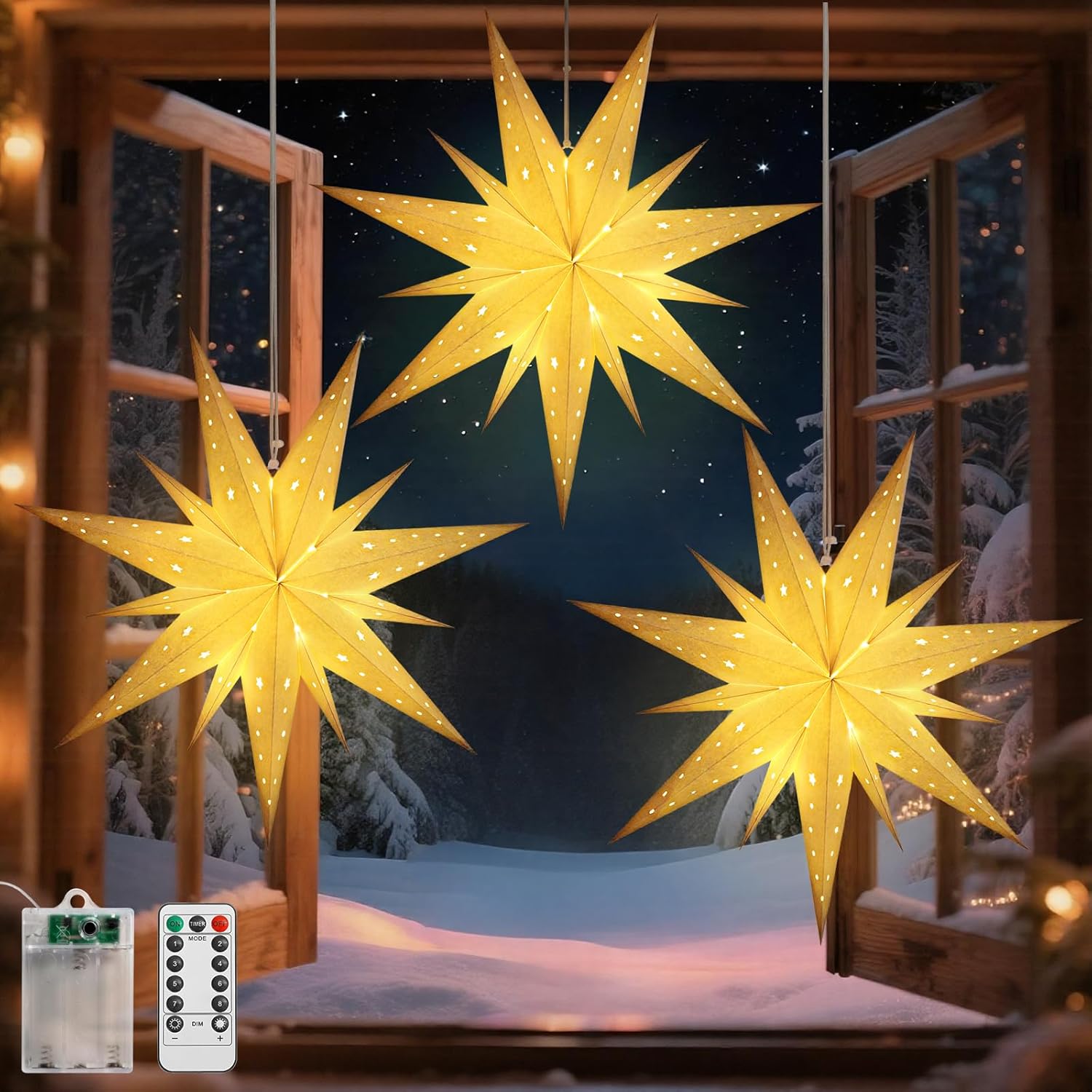 Lewondr Christmas Paper Star Lantern 3 Pack, Hanging Star Lights with Remote Control, LED Paper Lanterns with 6H Timer for Holiday Home Decoration, 17.72 × 17.72 × 1.97 Inch, Warm Light
