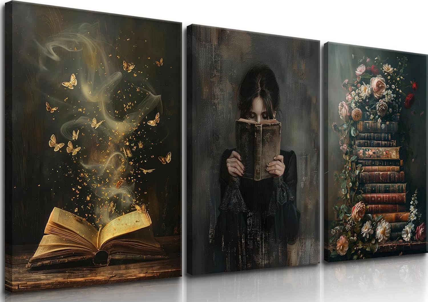 lianyibo 3 szt. Kobieta Czytanie Wall Art Vintage Florals Book Wall Decor Paintings Pictures Black College Style Posters Prints (20 x 30 x 3 / wewnętrzna rama)