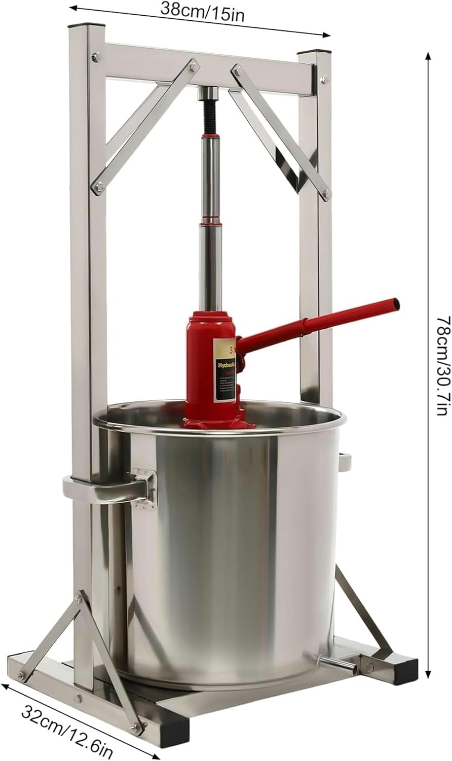 22L/5.8gal Fruit Wine Press Stainless Steel Wine Juice Press Grinder Nature Juice Making with Hydraulic Jack and Press Frame About 220-330lbs/h for Kitchen Home Outdoor