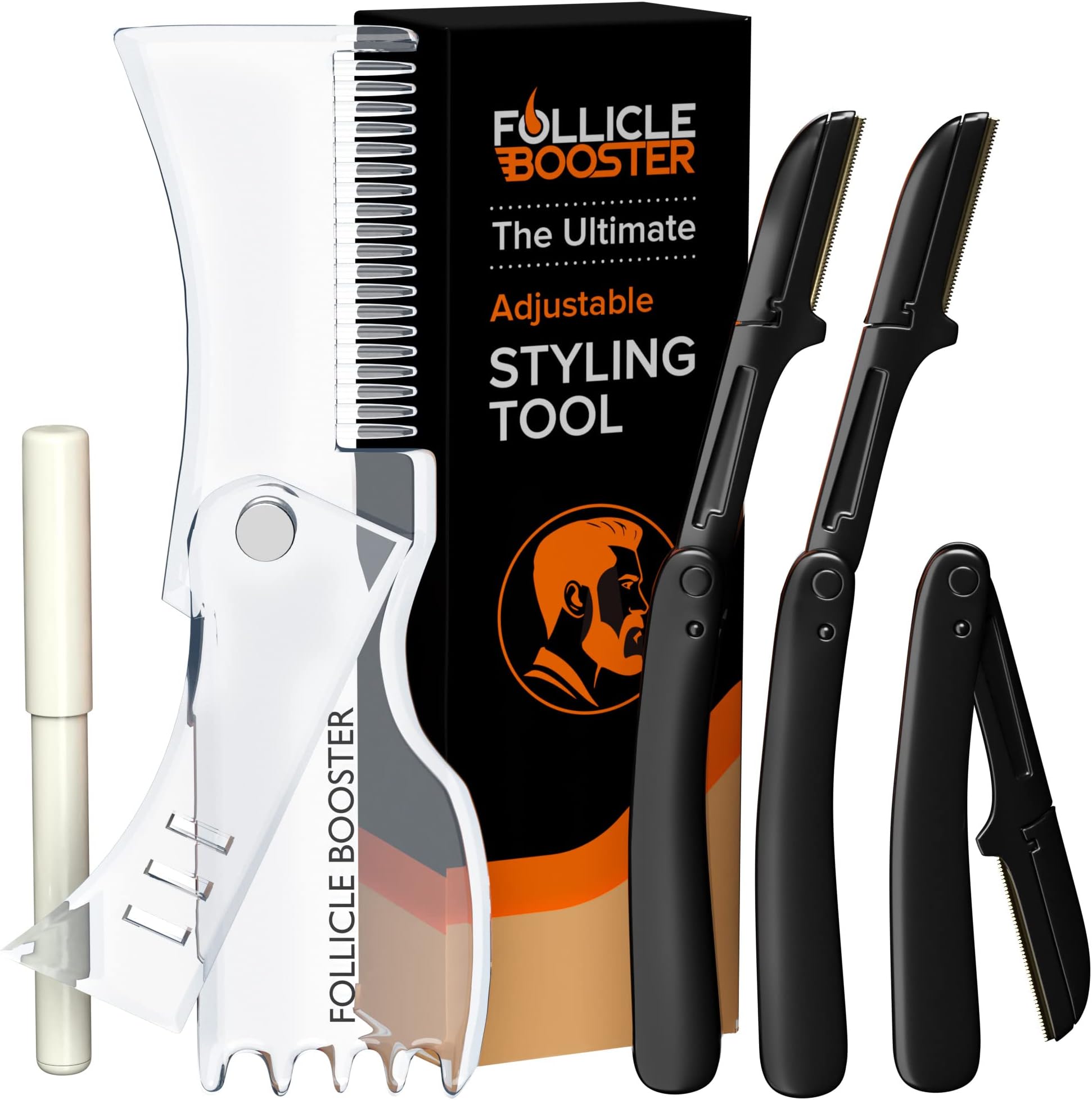 Beard Shaper Kit - Complete Shaping & Styling Tool - Transparent Adjustable Shaper, Razors, Barber Pencil - Beard Stencil Guide Template Outliner Many Styles for Perfect Line Up