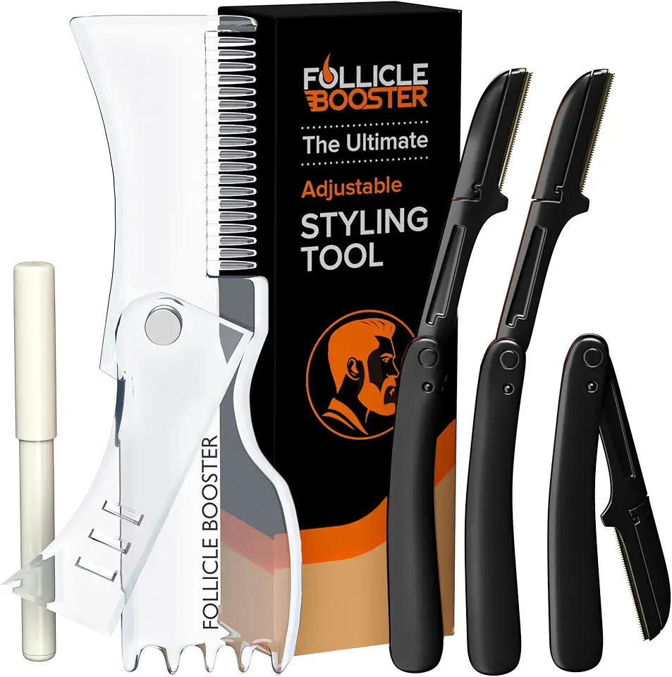 Kit modelador de barba – Ferramenta completa de modelagem e modelagem – Modelador, lâminas e lápis de barbeiro – Modelo de guia de estêncil de barba com muitos estilos para alinhamento perfeito