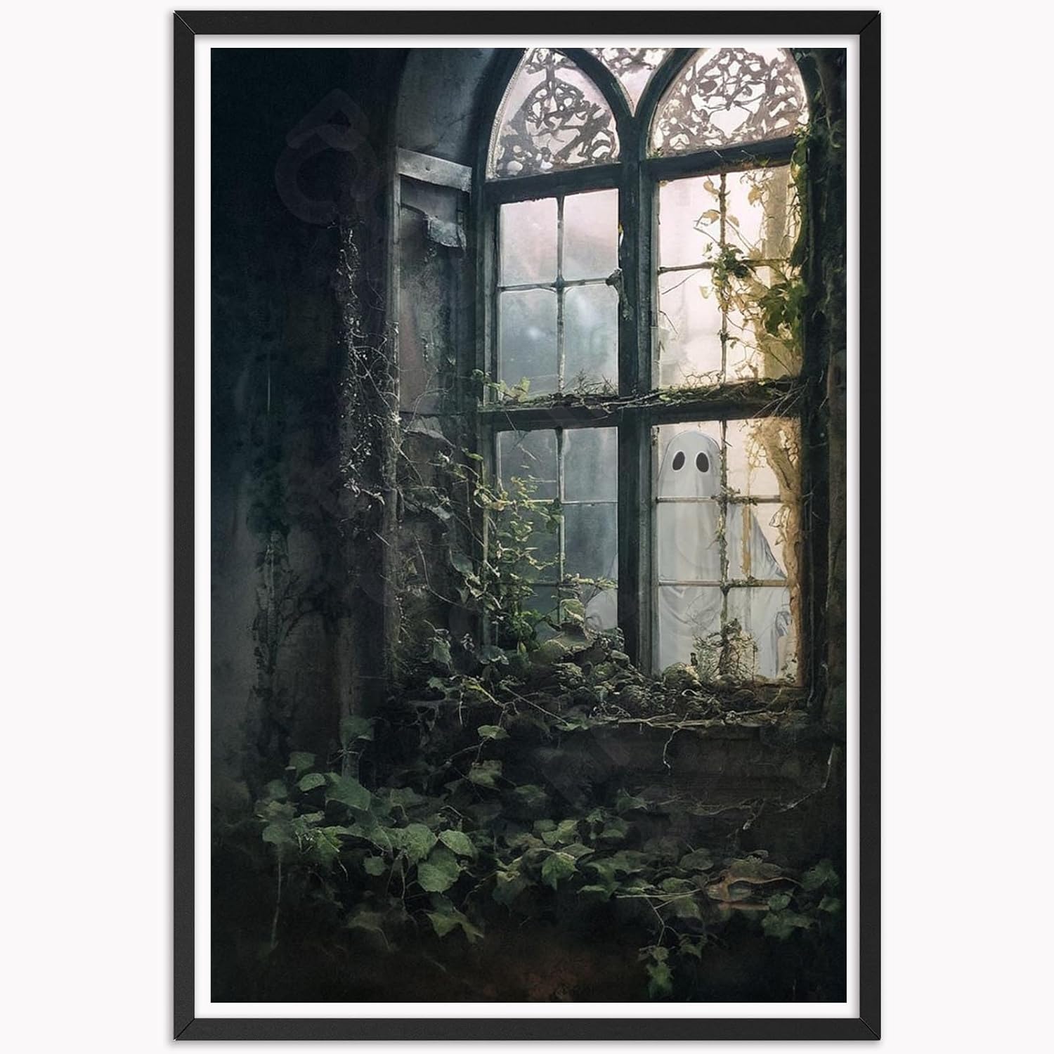 CKLEHYXI Vintage Halloween Canvas Wall Art Ghost Outside The Window Poster Dark Academia Retro Horror Creepy Picture Aesthetic Poster Spooky Print Pictures 12X16inch Unframed