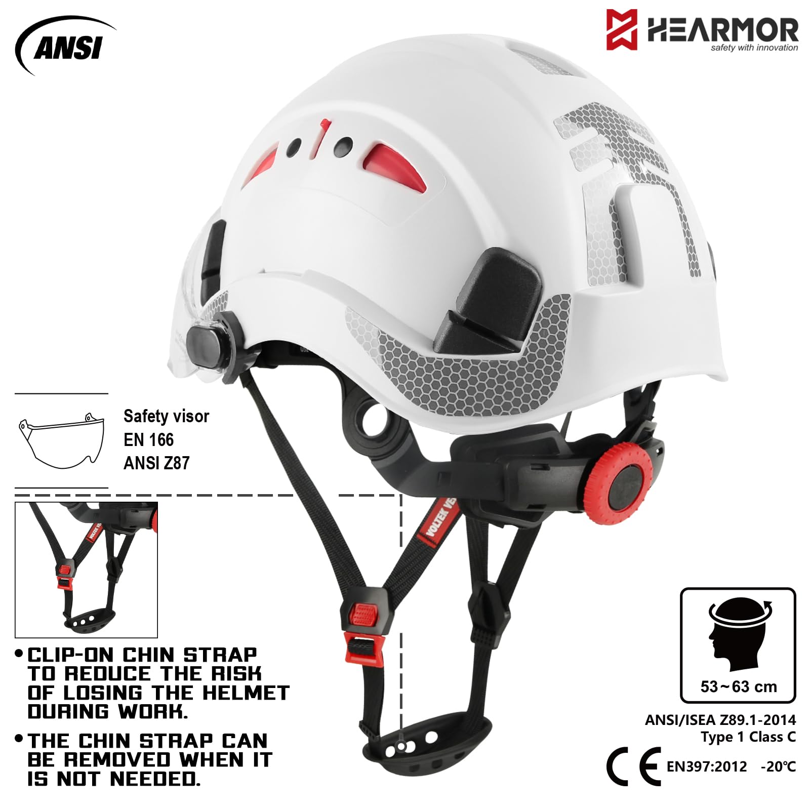 HEARMOR Casco protettivo per caschi da cantiere, EN 397, casco da lavoro ventilato per adulti, sistema a cricchetto regolabile con visiera opzionale trasparente e fumo