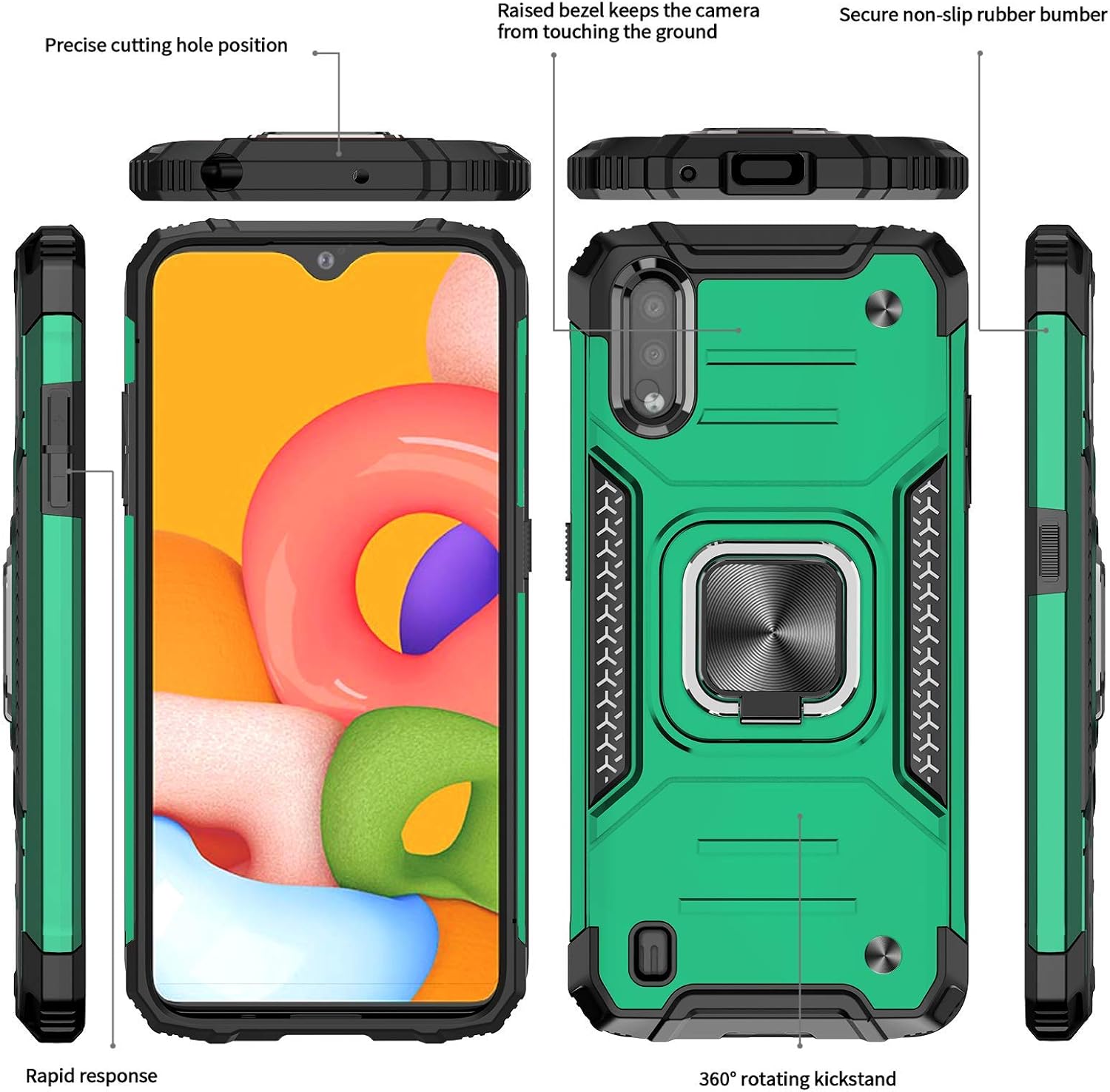 LeYi Compatible with Samsung Galaxy A01 Case with 2PCS Tempered Glass Screen Protector, Military-Grade Protective Phone Case with Ring Kickstand for Samsung A01, Green