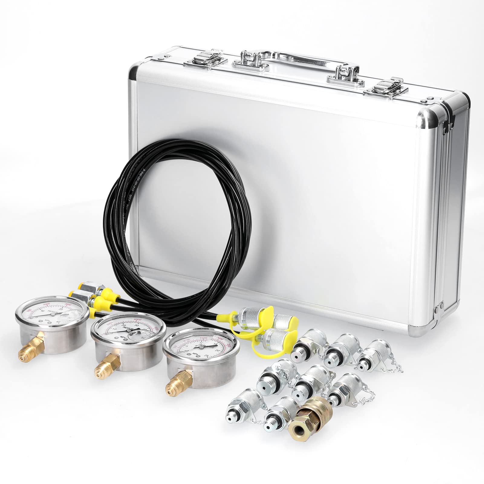 Kit manometro idraulico, tester di pressione idraulica, misurazione della pressione idraulica con 9 raccordi, 3 manometri, 3 tubi flessibili di prova per escavatori e macchinari da costruzione