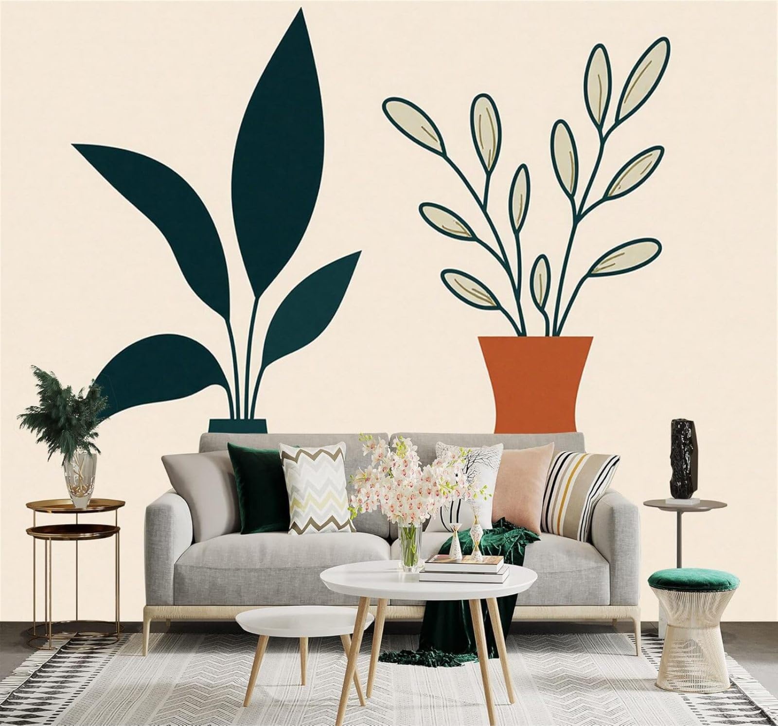 Tzxztt Minimalist Plant Illustration Green and Orange Vase Modern 3D Wallpaper Premium Textured Silk Neutral Tones Material Ideal for Living Room Bedroom-400cm×280cm