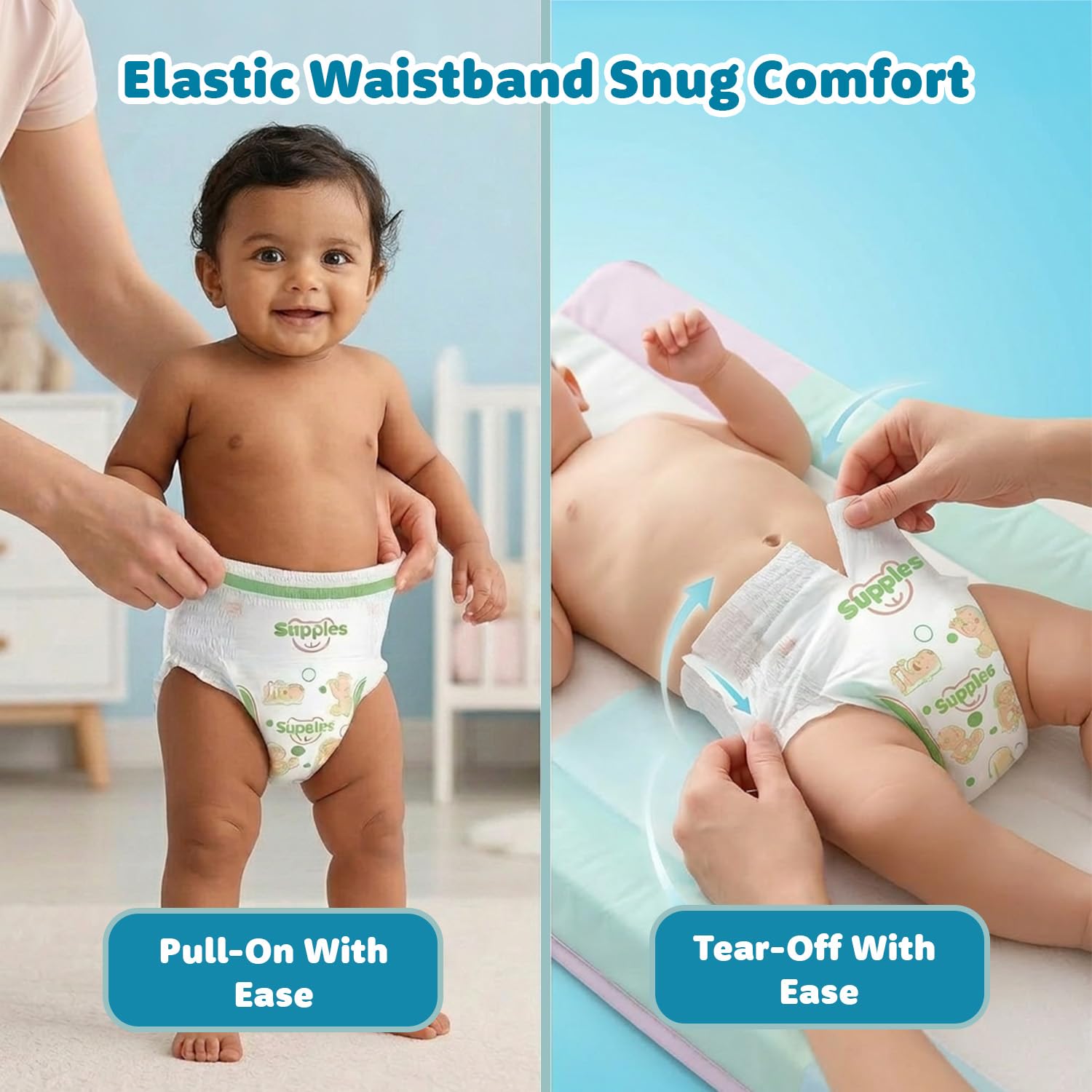 Amazon Brand - Supples Premium Baby Diaper Pants | 22 Baby Diapers | XXXL | 18-55 Kg | 12 Hrs Absorption | Cushiony Cotton Soft Fabric | Phthalates-Free | Triple Leak Guard 4