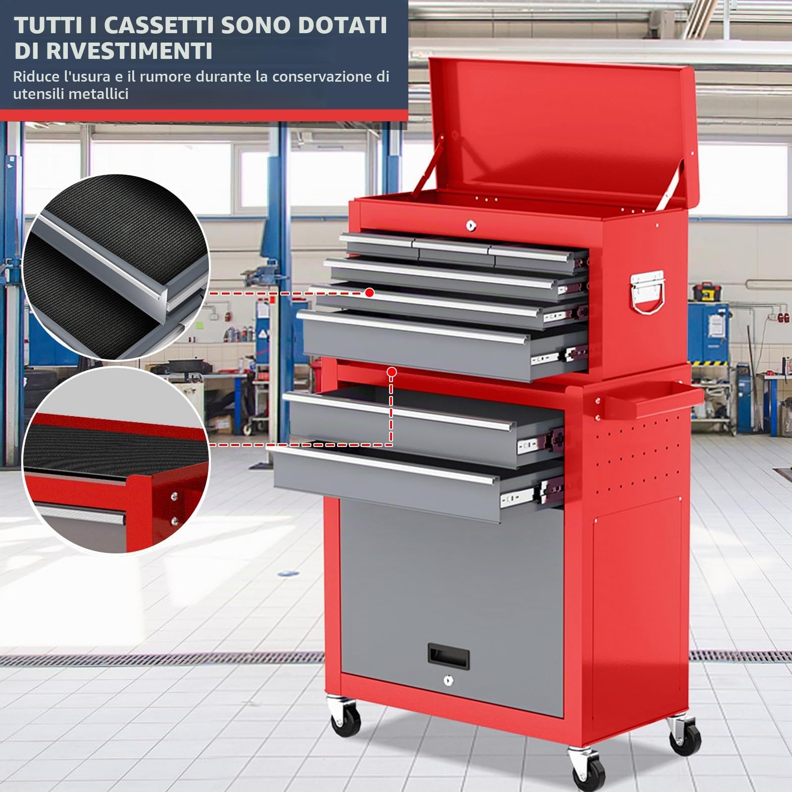 Carrello Porta Attrezzi con Otto Cassetti,Carrello Officina Grande da 42 Pollici con Ruote,Cassetta Portautensili in Metallo Superiore Rimovibile,Garage, Armadietti di Stoccaggio del Magazzino,Rosso