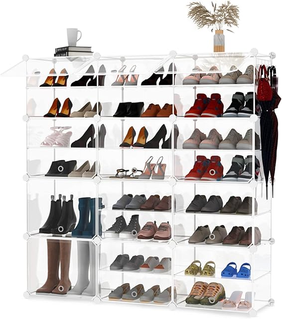 KUSARKO Shoe Rack Organizer, 8 Tier Shoes Storage Cabinet, 24 Pair Clear Plastic Shoe Expandable Organizer for Hallway Bedroom Entryway Heels Boots Sneaker, Stackable Shoe Box