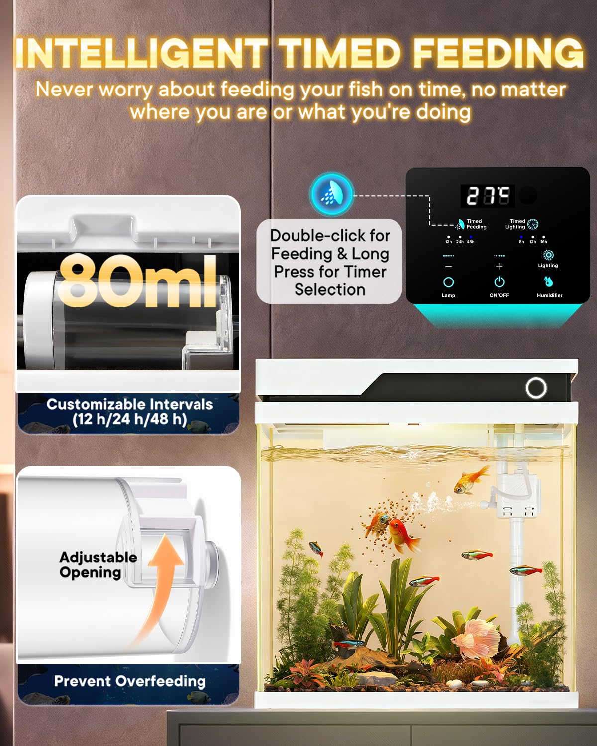 Vehipa 16L Acuario de Cristal, Pecera pequeña Completas de con Comedero Automático, Humidificador, Bomba Silenciosa 4 en 1, Indicador de Temperatura e luz 8 Colores Ajustables - 4