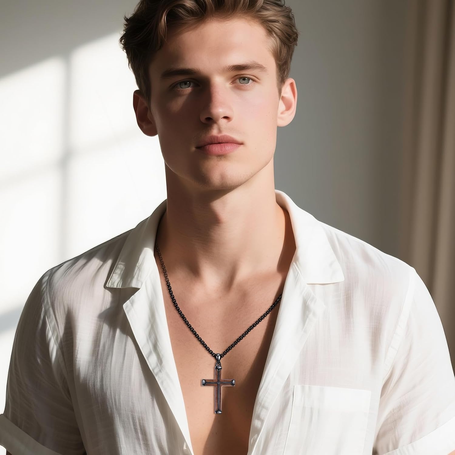 Cross Necklace for Men 925 Sterling Silver Black Cross Wooden/Turquoise Pendant Necklace Religious Christian Jewelry Gifts - Image 2