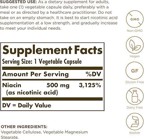 Miniatura 2 de Solgar Niacina (vitamina B3) 500 mg, 100 cápsulas vegetales - Metabolismo energético - Sin OMG, vegano, sin gluten, sin lácteos, Kosher - 100