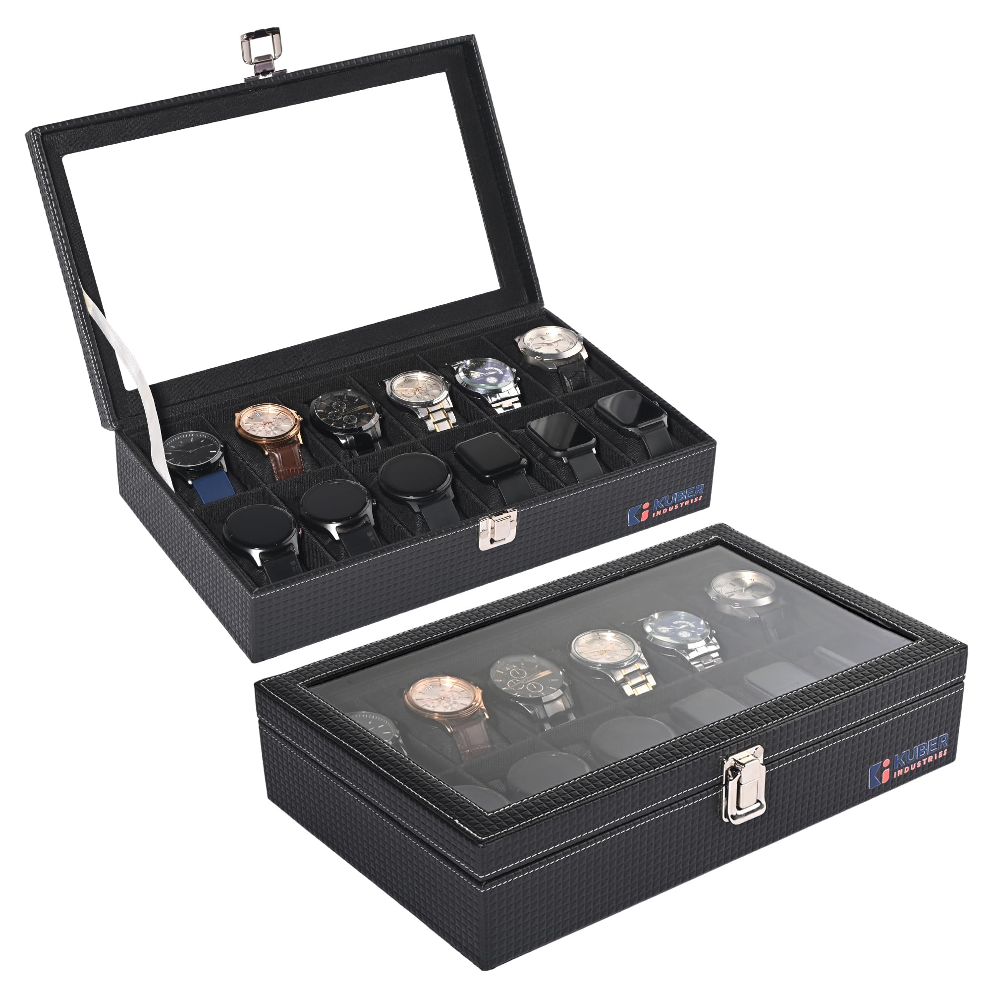 Kuber Industries Paquete de 2 cajas organizadoras de relojes de pulsera de piel sintética de alta calidad con 12 ranuras para hombres y mujeres | Organizador de caja de almacenamiento de relojes |