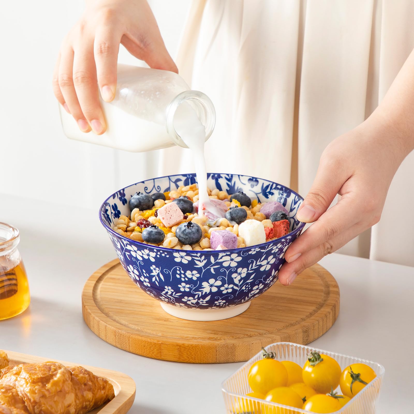 vancasso Serie SELENE - Set di 6 Ciotole per Colazione Cereali in Ceramica da 720 ml – Stile Cinese Blu e Bianco - Ciotole Cucina Adatte per Cereali, Insalata, Zuppa, Ramen, Pasta e Dessert