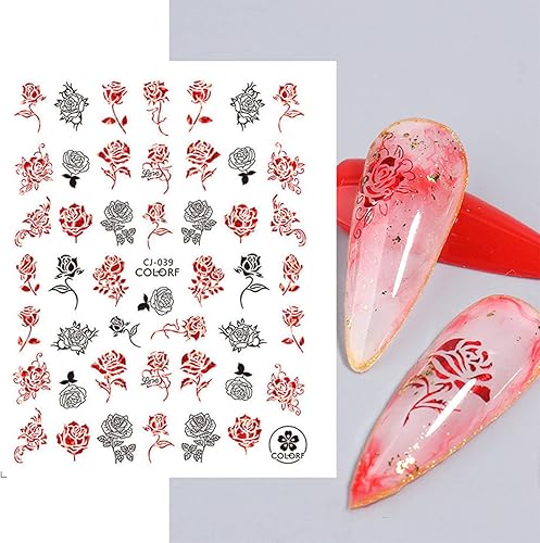 Miniatura 2 de 4 hojas de calcomanías de uñas para el día de San Valentín rosas 3D color rojo francés diseño autoadhesivo calcomanías de arte de uñas para mujer