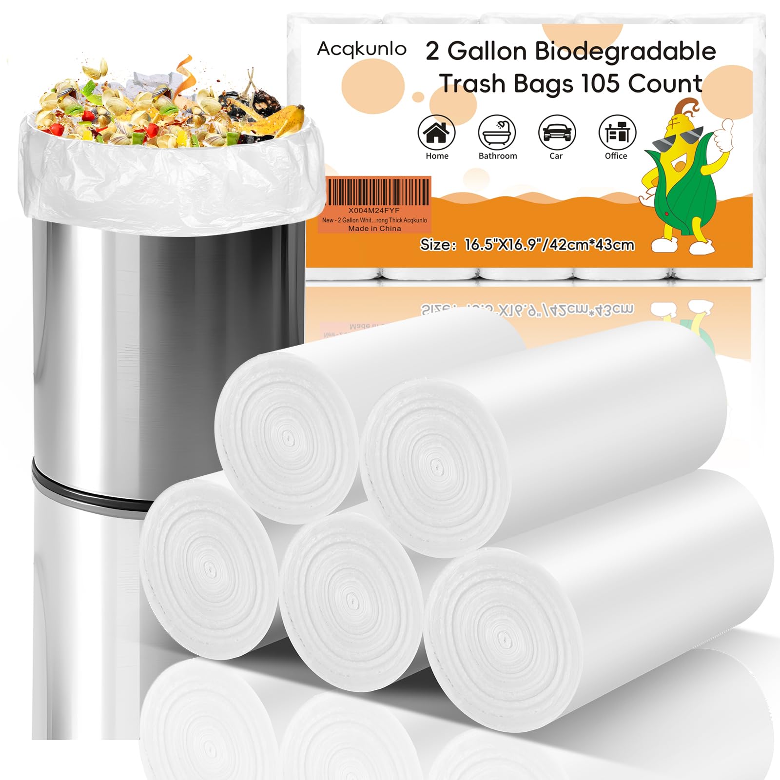2 Gallon White-Biodegradable Small Trash Bag - Mini Garbage Bags For Bathroom Kitchen Office Car Can 105 Count 7.5L Unscented Compostable Waste Basket
