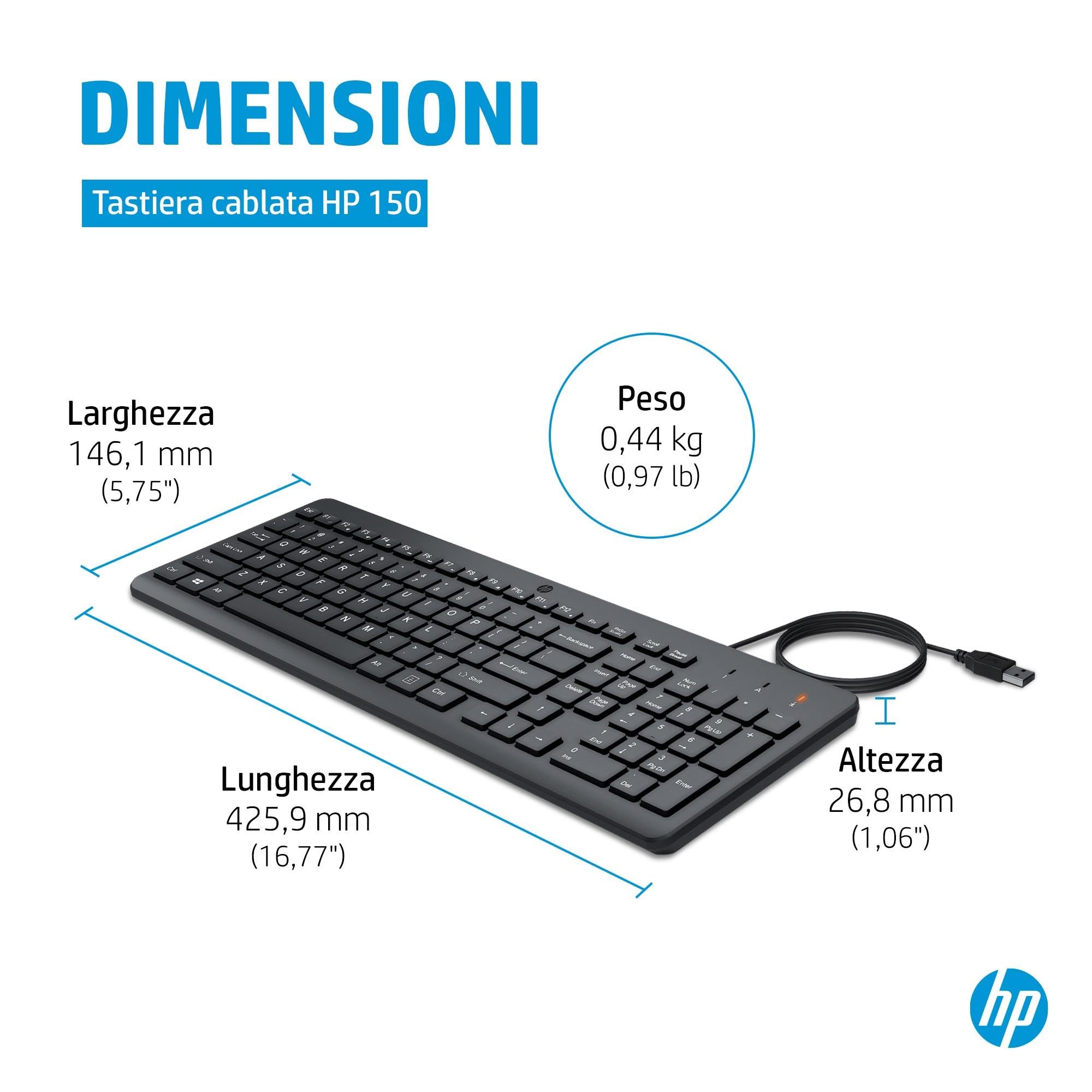 HP 150 Tastiera Cablata, Connessione con Cavo USB-A con la Lunghezza di 1 m, 12 Tasti Programmabili, Tastiera Qwerty, Layout Italiano, Compatibile con Windows 10 e 11, Nera