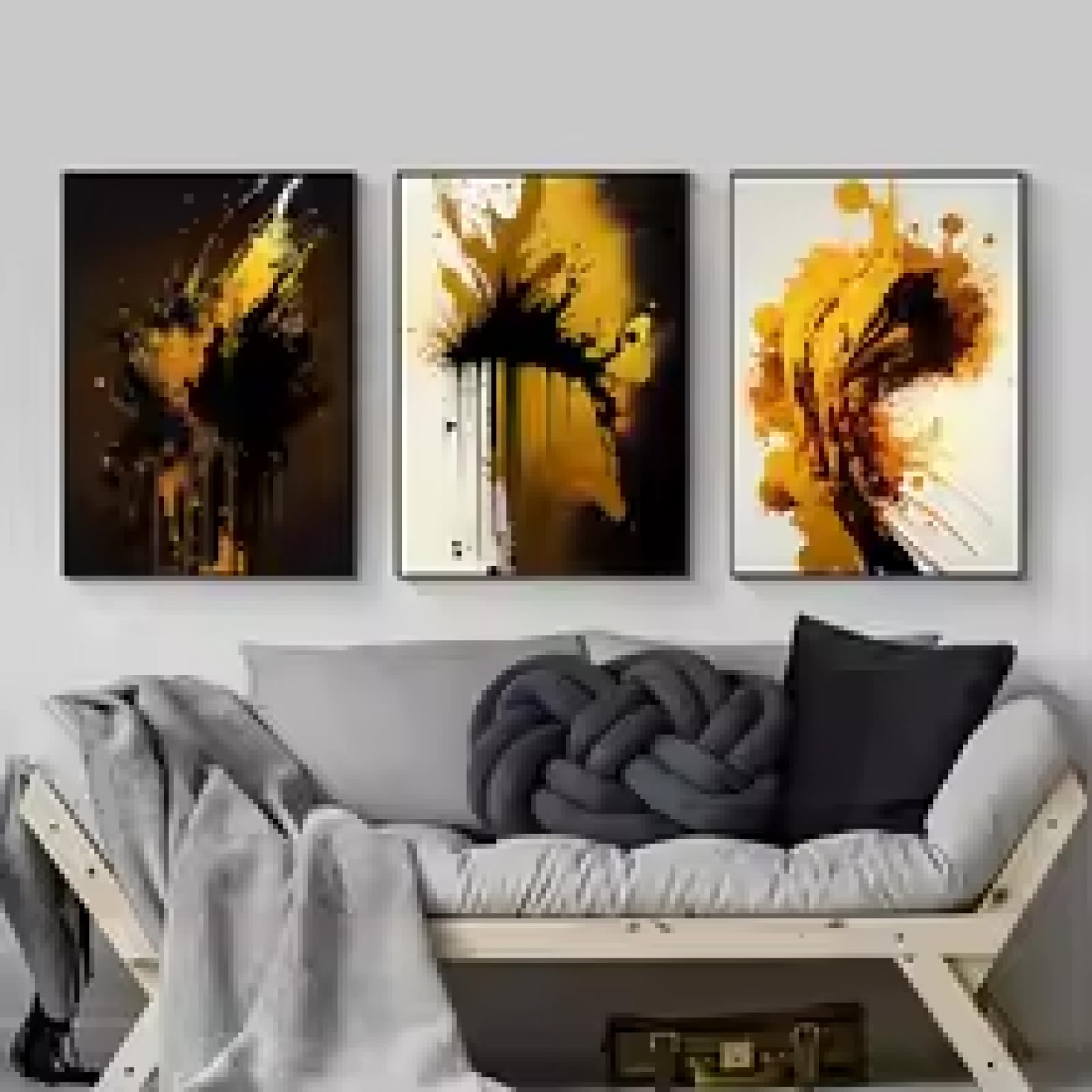 HIPWST Czarno-złota farba w sprayu obraz na płótnie abstrakcyjne graffiti czarny złoty plakat sztuka ścienna salon gabinet dekoracja 60 x 90 cm x 3 bez ramy