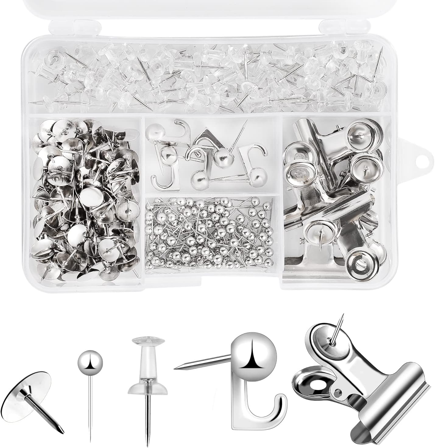 310 Pcs Silver Push Pins Set, Thumb Tacks Decorative Push Pins for Cork Board with Push Pin Hook Pushpin Clip 5 Style Office Accessories for Cork Board Map Office (Silver)