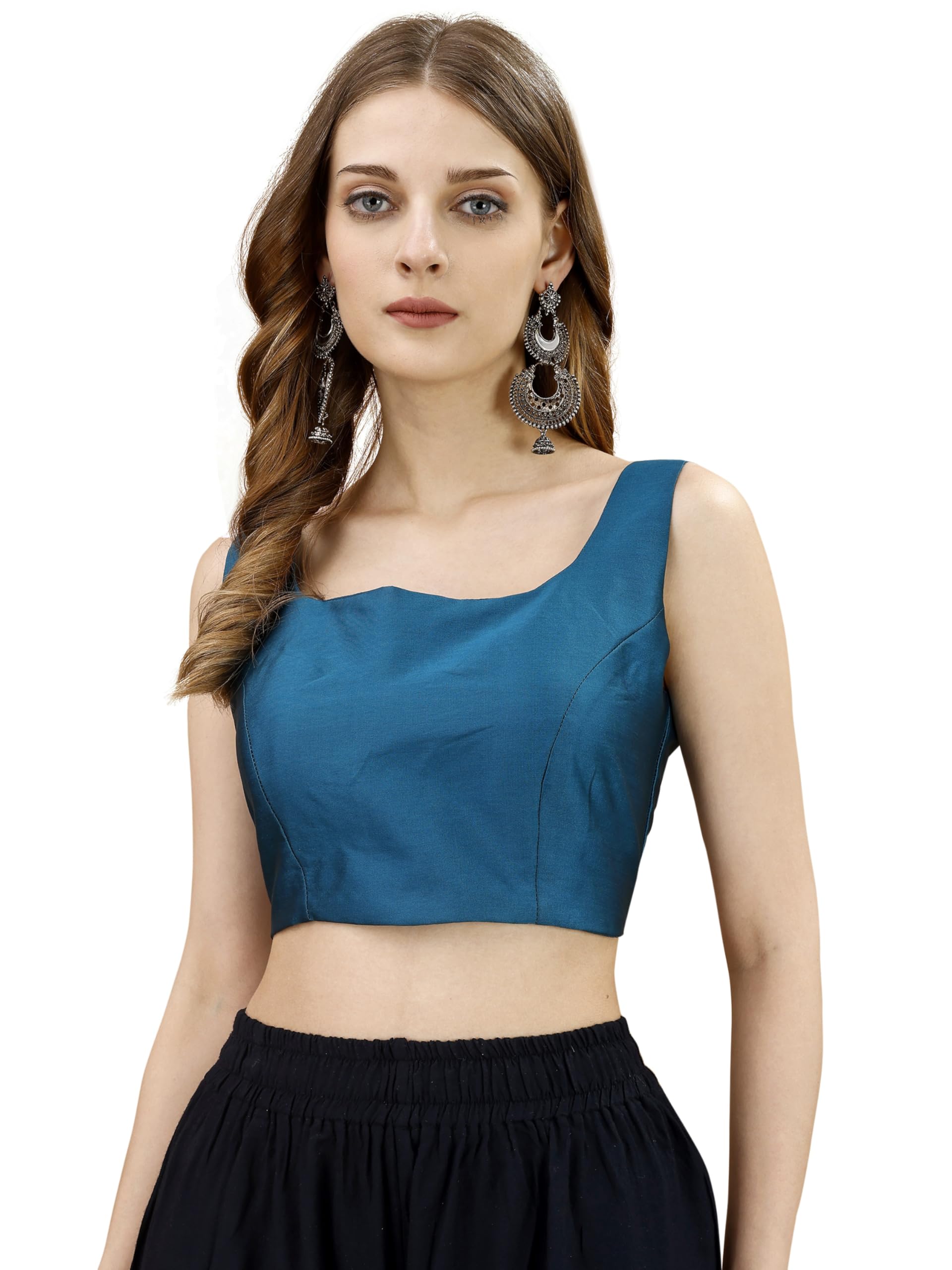Womanista Women's Tafeta Solid Sleeveless Regular Fit Sequinned Blouse (Bls_53_Light Blue L)
