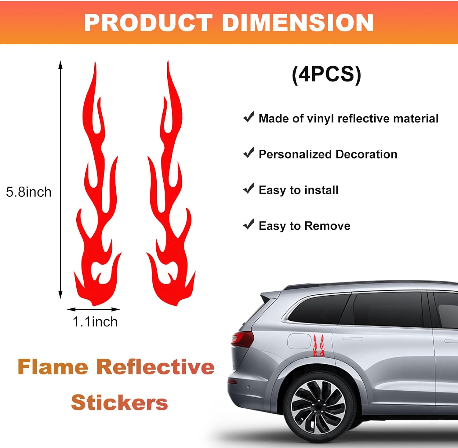 DXNQ 4 PCS Car Flame Reflective Sticker, Waterproof Racing Sports Flame Stripe Decal, Self Adhesive Bumper Decals Safety Stickers for Car Mirror Motorcycle Helmet, Car Accessories (J27Red) image 2