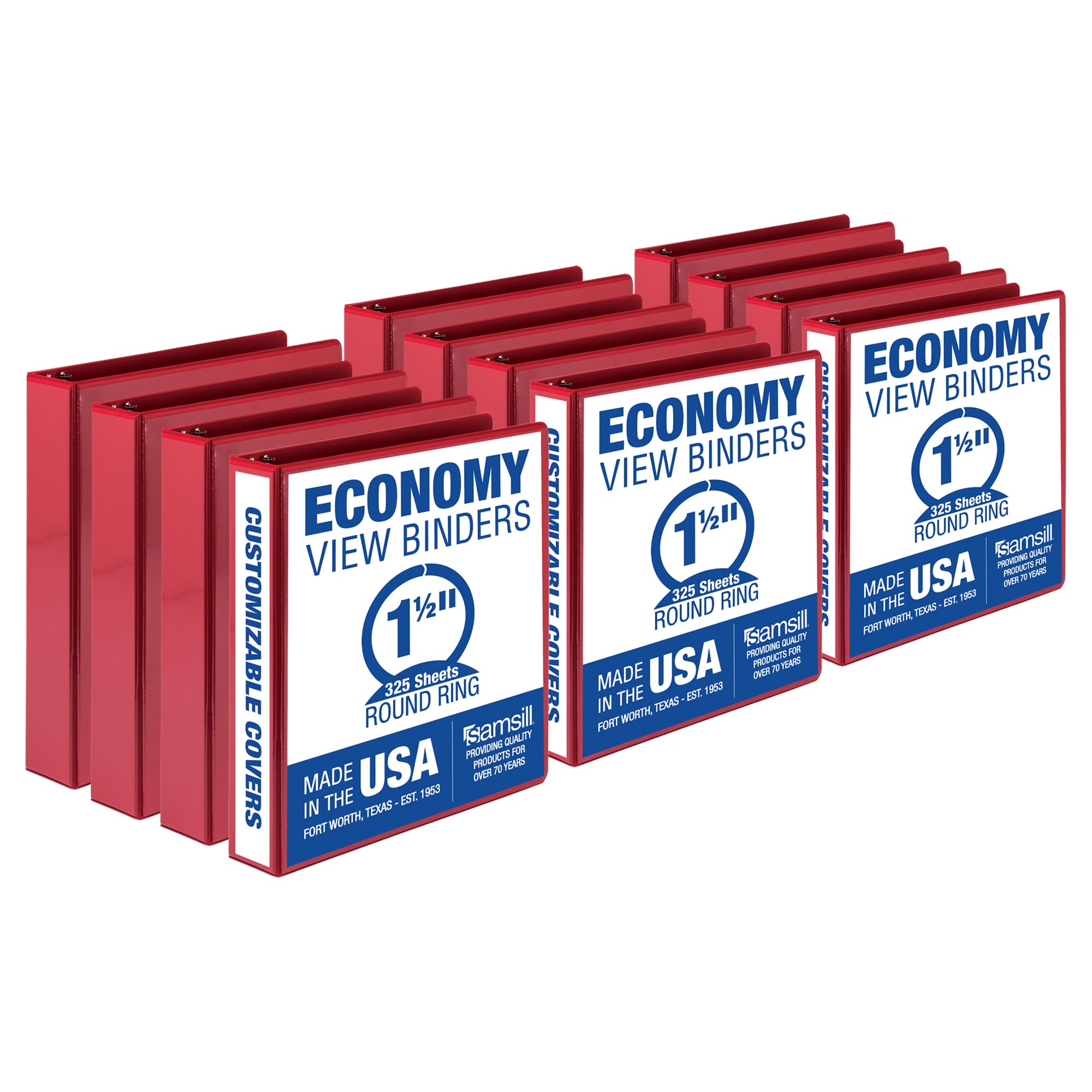 Samsill 1.5 Inch 3 Ring Binders, Made in USA, Economy Round Ring, Clear View Cover, 325 Sheet Capacity - for School, Home, Office - Red, 12 Pack