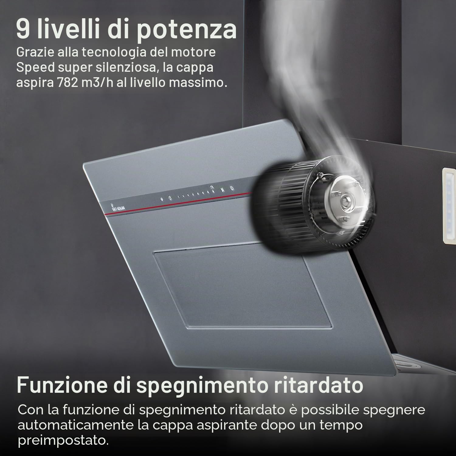 KKT KOLBE A+++ cappa aspirante 80 cm 782 cbm/h ricircolo aria di scarico senza testa | vetro grigio opaco | ricarica automatica | Smart WiFi App Wi-Fi | SensorTouch | Illuminazione LED RGBW |