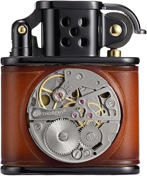Handmade Cowhide Inlaid Mechanical Movement Swiss Brass Kerosene Lighter, Soft-Flame, Windproof, Vintage, Classic,Grinding Wheel, Complex, Gift for Boyfriend Husband,Thorens Brown and Black