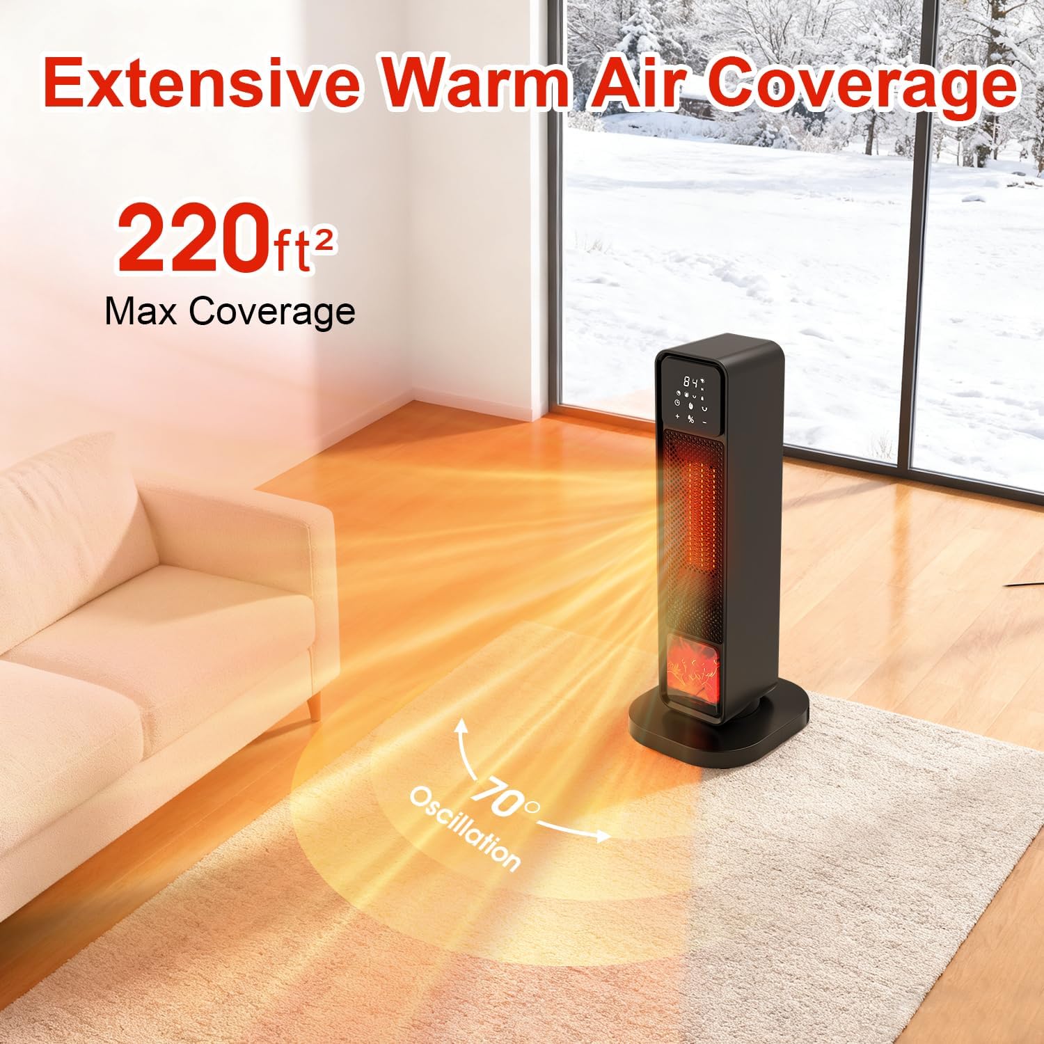 Space Heater for Indoor Use, Large Room Heater with 3D Flame Effect, 1500W Electric Portable warmer with ECO Mode, Remote Control, PTC Ceramic Heater for Bedroom, Office, and Home