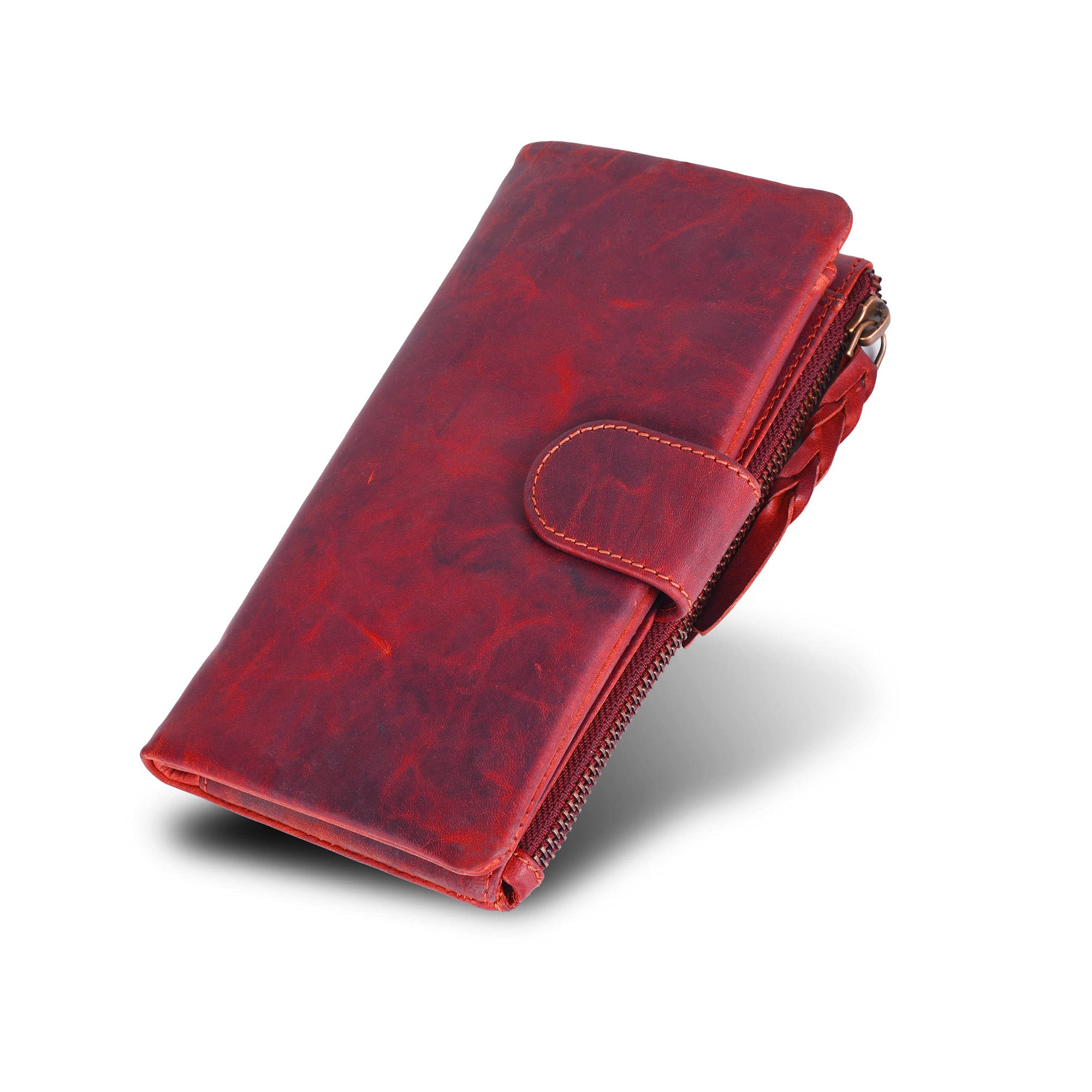 VALENCHISoft and Flexible Genuine Leather Ladies Wallet with Metal Zipper and Snap closer (Red Vintage)