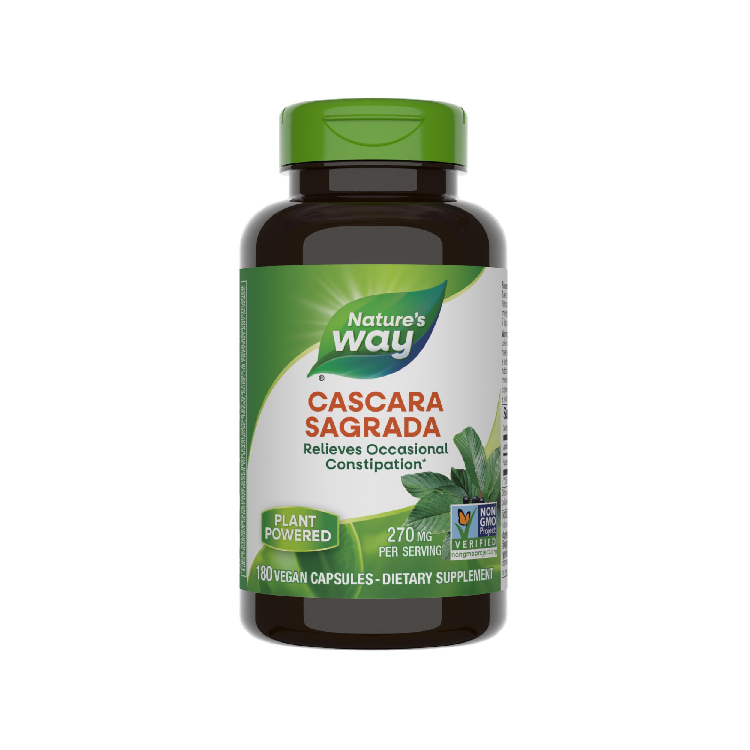 Nature’s Way Cascara Sagrada Bark, Occasional Constipation Relief*, Supports Regularity*, Non-GMO Project Verified, 270 mg per Serving, 180 Capsules (Packaging May Vary)