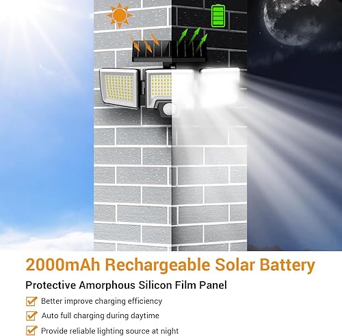 Miniatura 7 de MustWin Paquete de 2 luces solares para exteriores, sensor de movimiento, impermeables, IP65, luces de inundación con control remoto, 3 cabezales