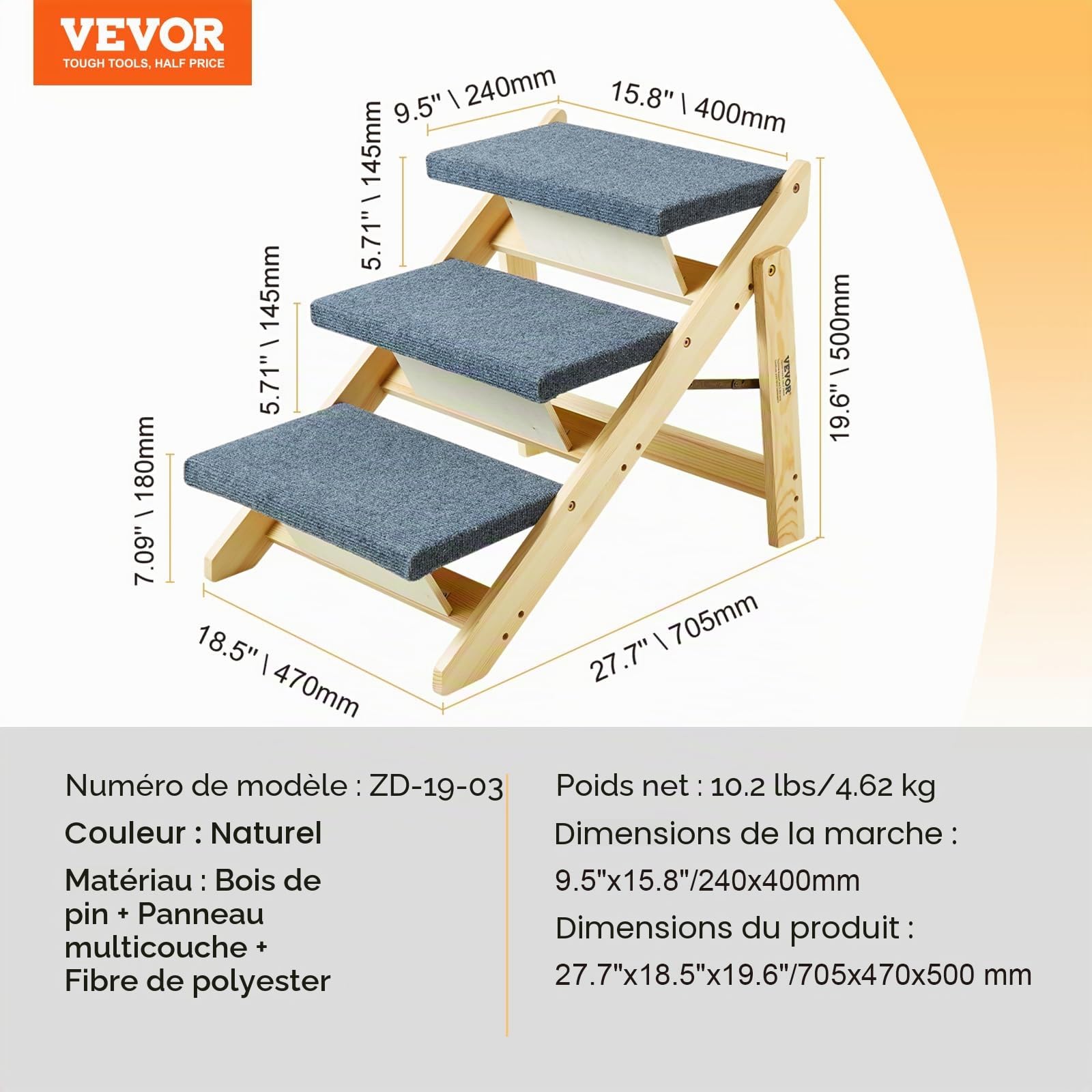 VEVOR Escalier en Bois pour Animaux de Compagnie, 3 marches, Rampe escalier Convertible 2 en 1 pour Chiens de Petites et Grandes Races, capacité Charge 68 kg, pour accès aux Lits, canapés, véhicules