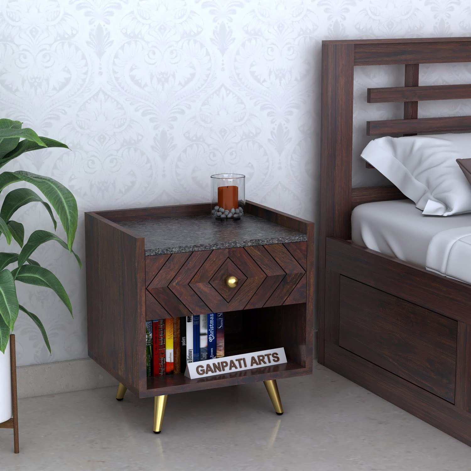 Buy GANPATI ARTS Sheesham Wood Bedside Table with Granite Top for