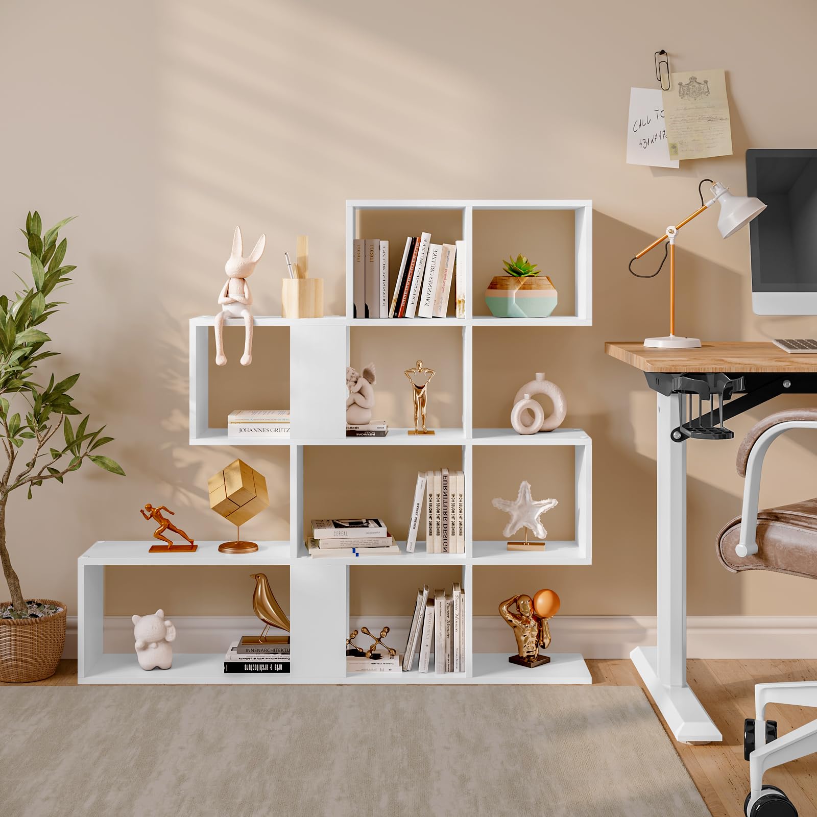 eSituro Bücherregal 4 Ebenen, Raumteiler Regal mit 11 offenen Fächern, freistehendes Treppenregal, Standregal, Stufenregal, für Wohnzimmer, Schlafzimmer, Büro, 115x109,5x19,5 cm, weiß
