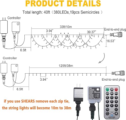 Miniatura 10 de KAZOKU Luces de Navidad para interiores y exteriores, 40 pies, 380 LED, impermeables, 8 modos, extensibles, semicírculo, luces para Navidad, hogar,