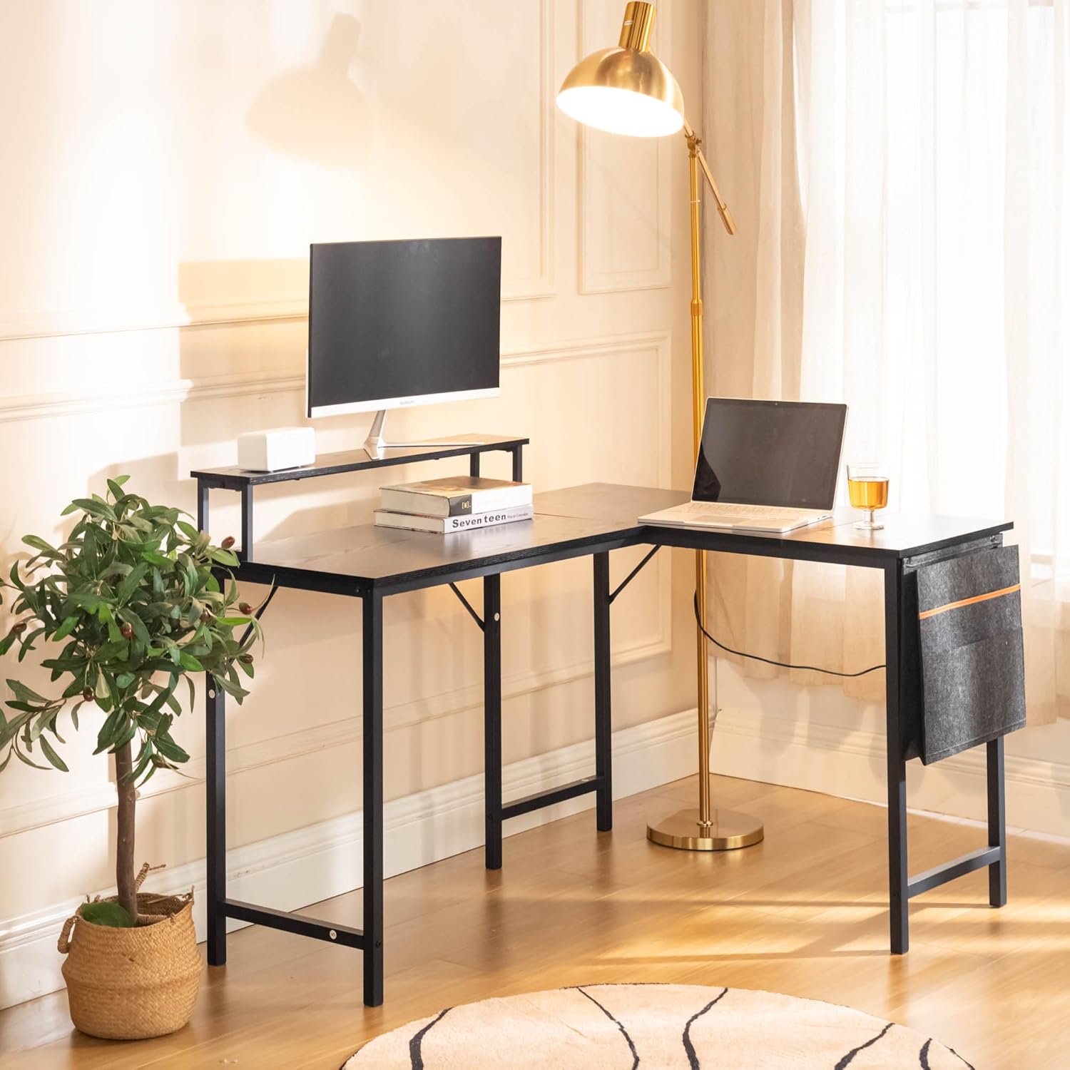 FurnitureR 48.8" L-Shaped Computer Desk with Storage Bag & Led Light – Spacious Laptop Workstation Featuring a Sturdy Metal Frame and Ample Storage Solutions, Ideal for Studio Home Office Use, Black