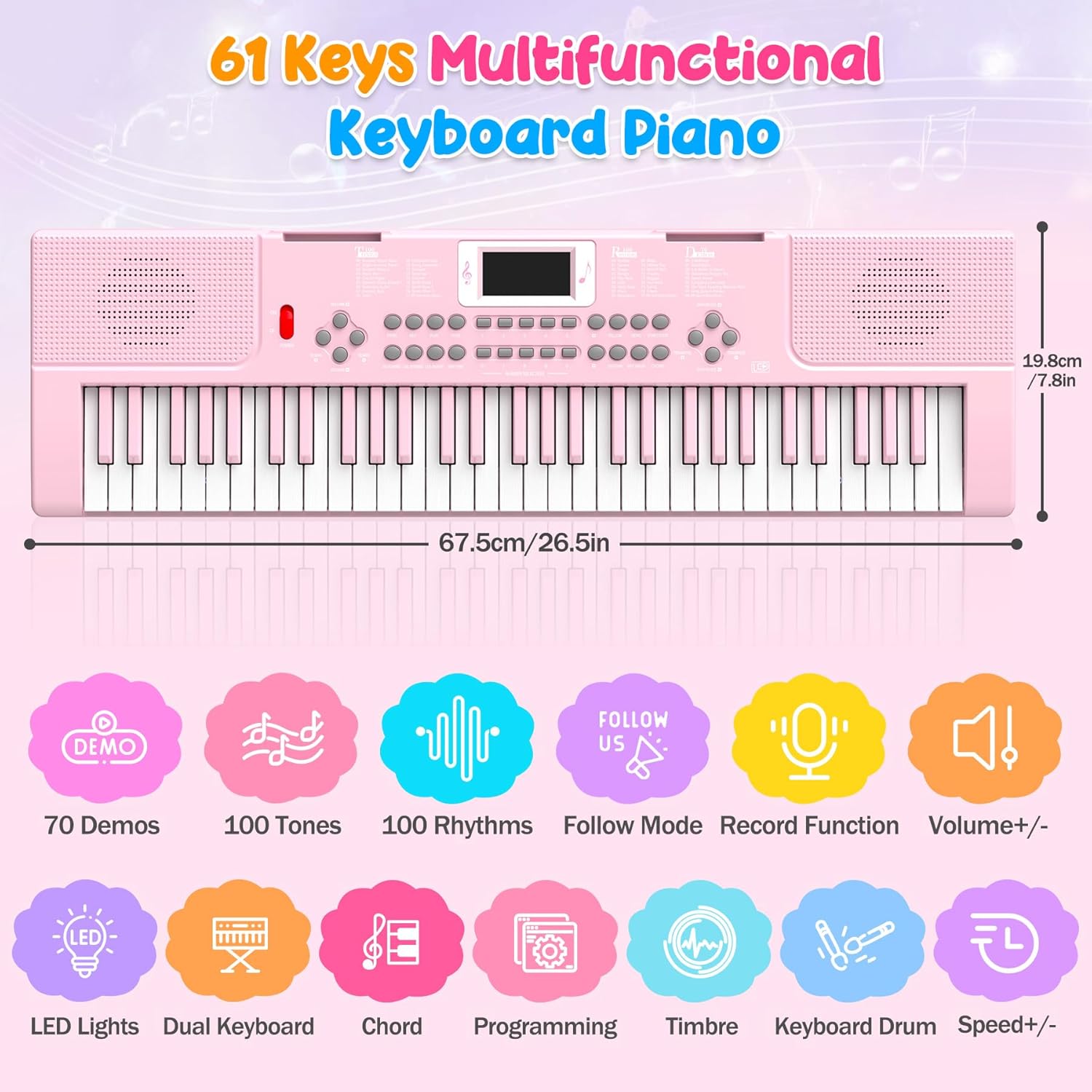 Piano Keyboard, 61 Key Upgrade Kids Pianos Music Toy with Light-up Keys & Pro Teaching Modes, Dual Speaker, 70 Demos,100 Tones, 100 Rhythms Perfect Christmas/Birthday Gift for Kids (Pink)
