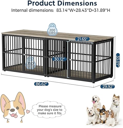 Miniatura 2 de Mueble de jaula para perros de 86.62 pulgadas, soporte de TV de raza grande con habitaciones dobles, mesa auxiliar de madera para perros con divisor