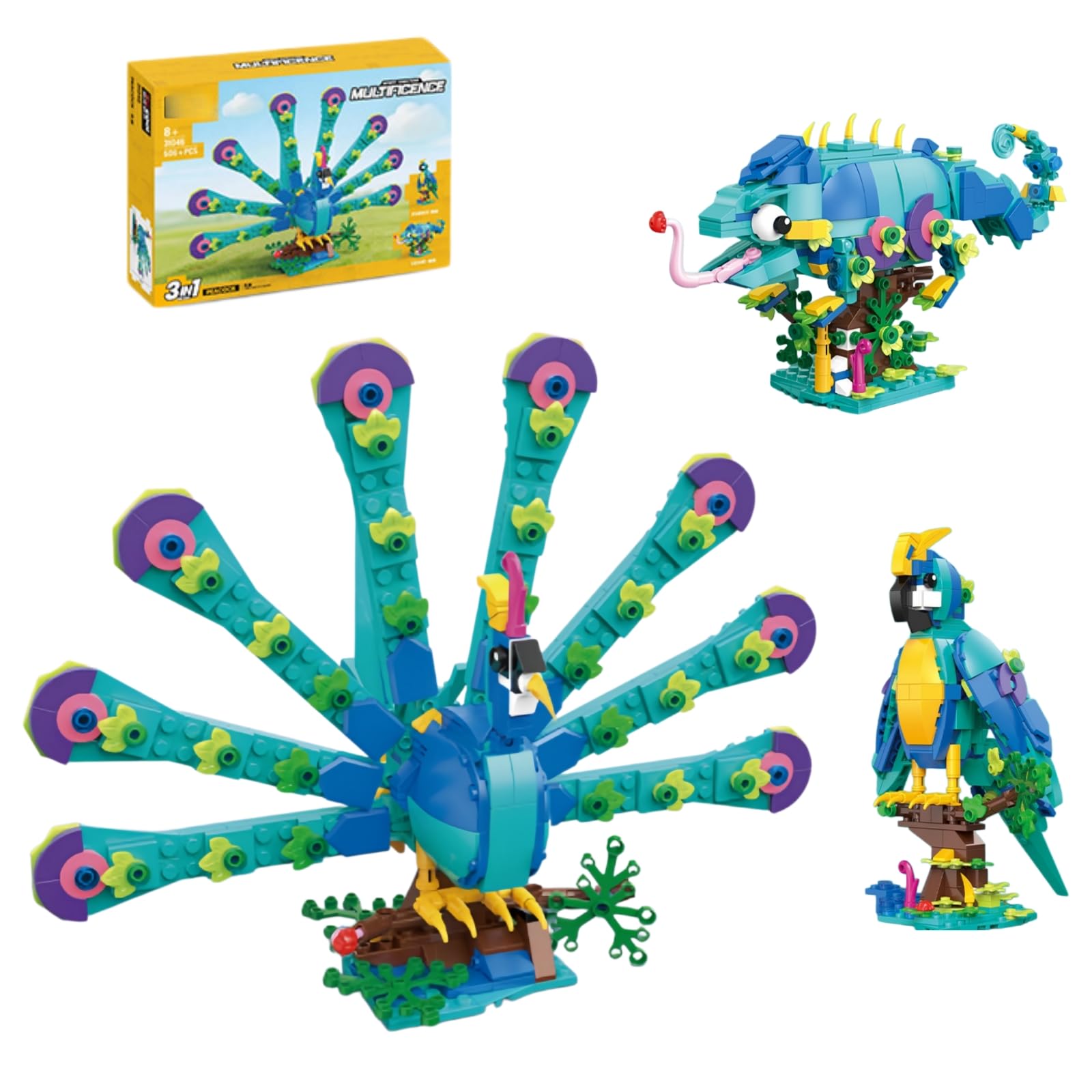 Peacock Building Blocks Set for Adult, 3 in 1 Tropical Birds Figures Build a Peacock, Chameleon or Parrot, Animals Display Model for Home Decor, STEM Educational Toy Birthday Gift （506 PCS）