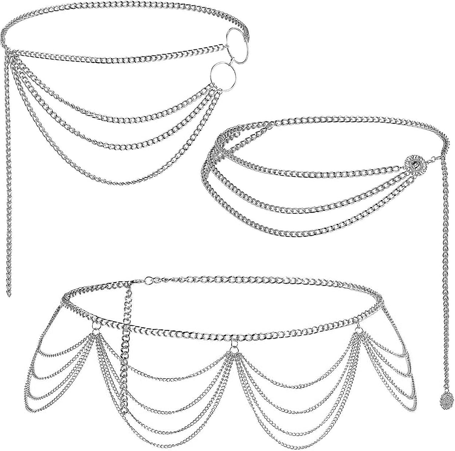 Hicarer 3 Pcs Silver Gold Waist Chain for Body Multi Layer Metal Chain Belts for Women Girls Summer Beach Jewelry Adjustable