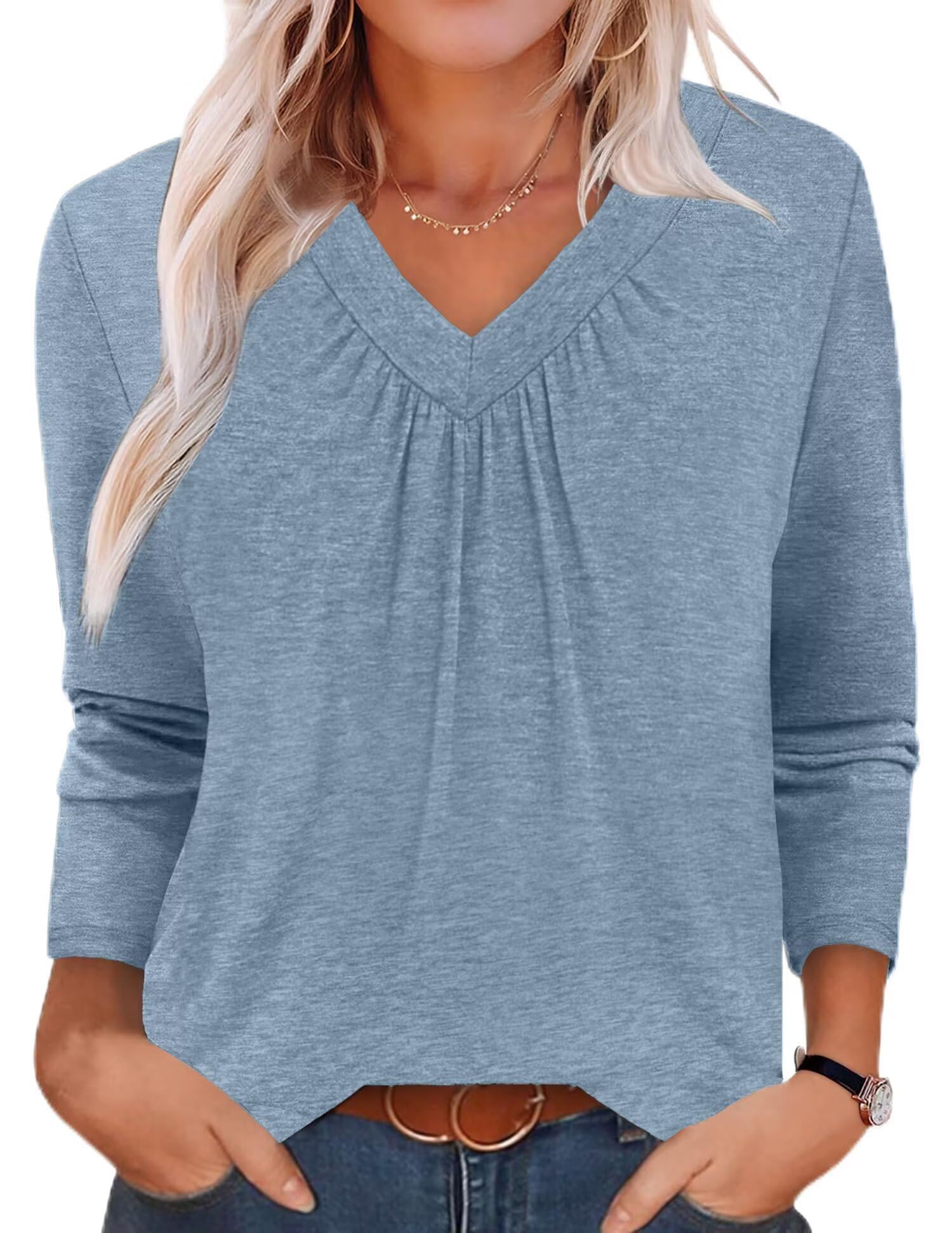 Women's Long Sleeve Shirts Pleated V Neck Fall Tops Blouse Dressy Casual Loose T-Shirts