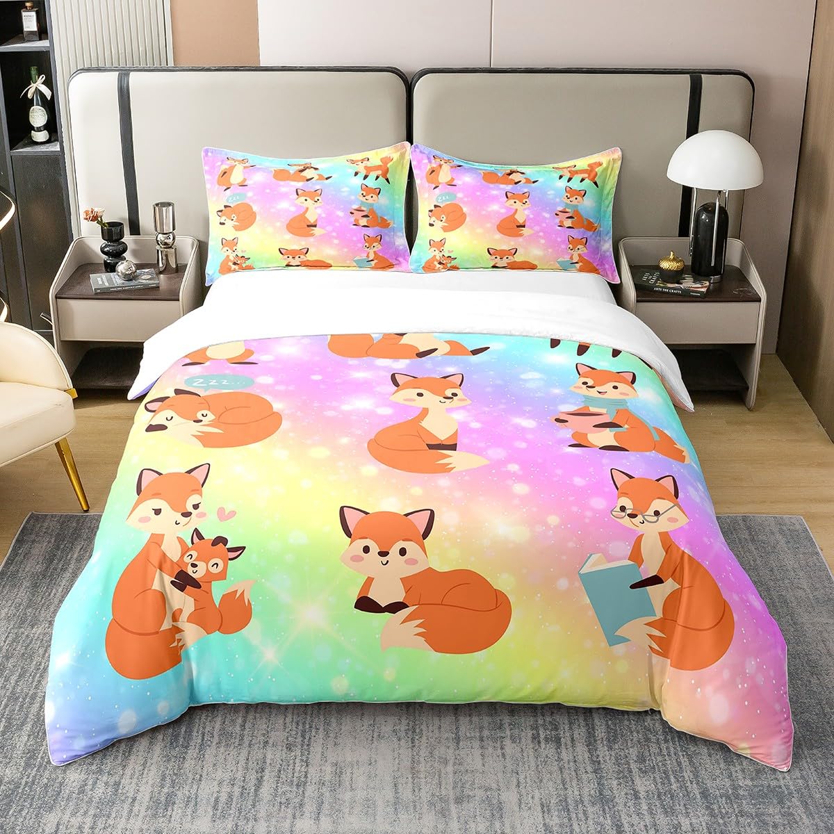 Housse de Couette Renard 100% Coton Doux pour Lit Rose Galaxy Filles