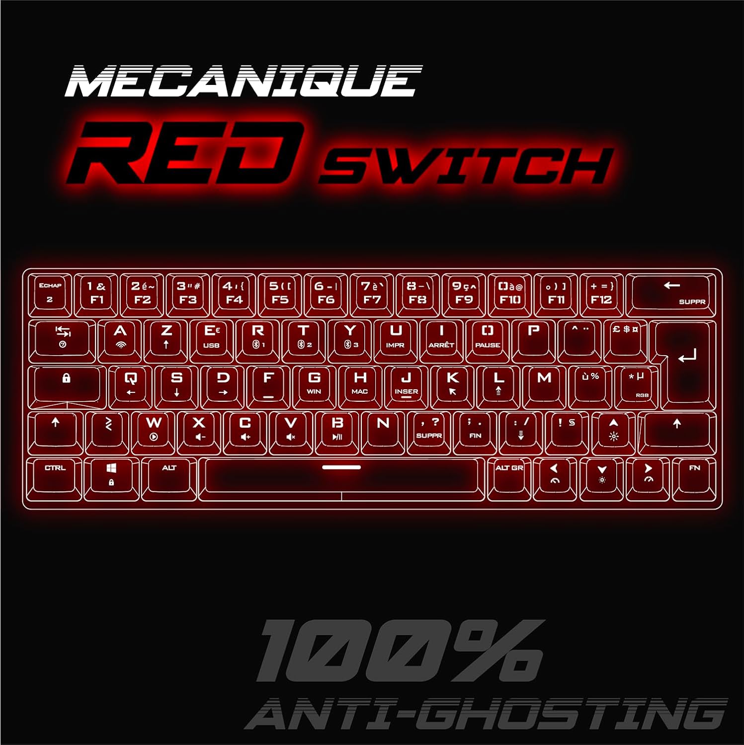 Close-up of the Spirit Of Gamer XPERT K200 keyboard with 'MECANIQUE RED SWITCH 100% ANTI-GHOSTING' text.