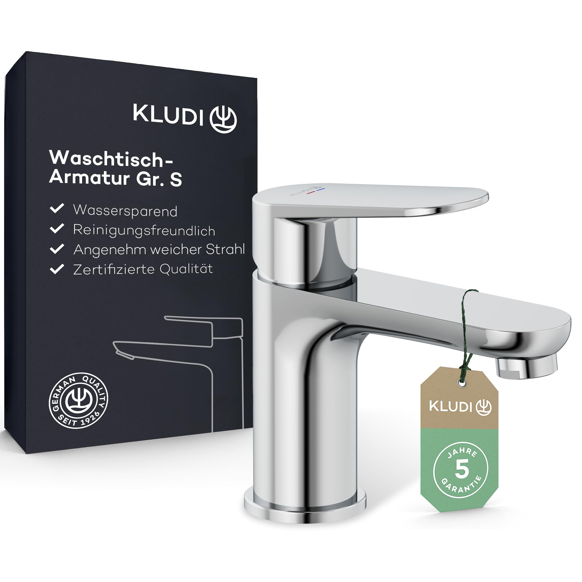 KLUDI - X1 bateria umywalkowa, wysokość wylotu 75 mm, oszczędzający wodę kran łazienkowy rozmiar S, wkład ceramiczny, bateria mieszakowa umywalka z wężami przyłączeniowymi w kolorze chromu