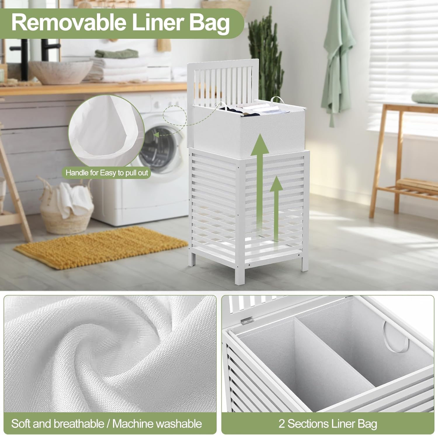 Bamboo Laundry Hamper with Lid, 120L Large Double Laundry Basket with Removable Liner Bag, 2-Section Clothes Laundry Sorter for Bedroom, Bathroom, Laundry Room,18.5 x 18.5 x 25.6 Inches