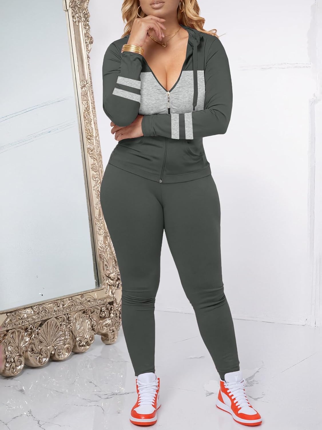Women 2 Piece Outfits Workout Sets Bodycon Legging Jacket Tracksuit Zip Up Hoodie Jogger Matching Sweat Pants Set - Image 3