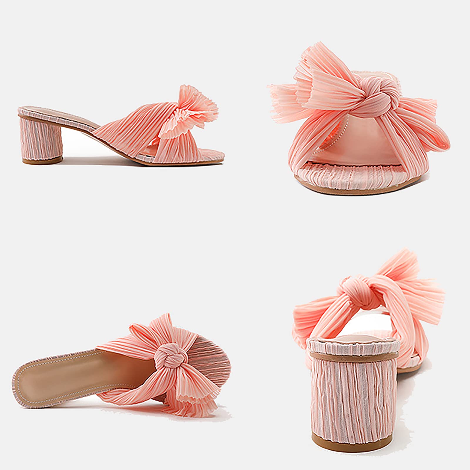 Sandalias de tacón de gatito de satén para mujer, sin cordones, con lazo, puntera abierta, sin espalda, tacón bajo, color rosa, 38 EU/7 EE. UU