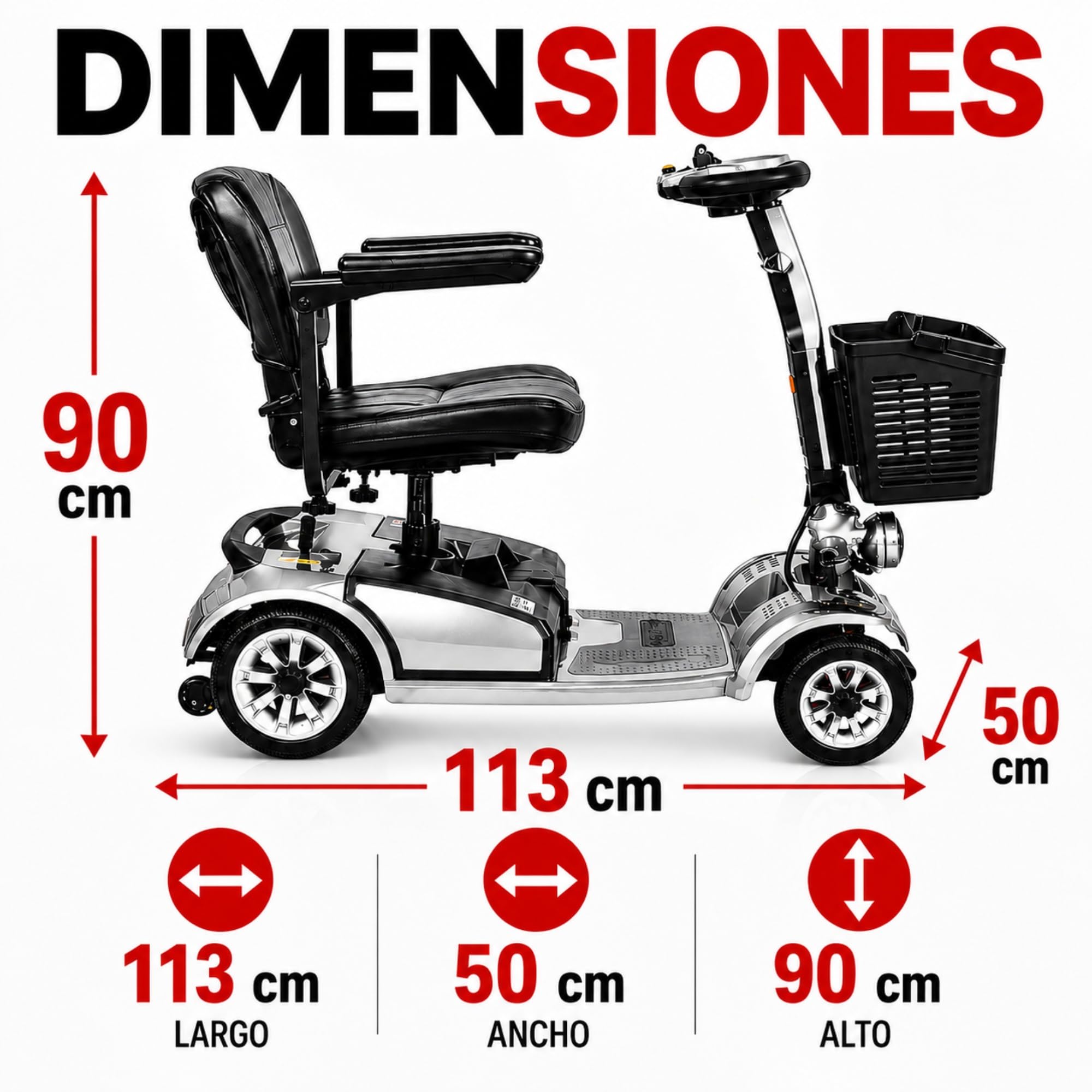 Scooter de Movilidad Eléctrico Plegable de 4 Ruedas para Personas Mayores y Movilidad Reducida, hasta 35 km Autonomía, Asiento Giratorio 360°, Estable y Seguro – ALIFERO (Gris Plata)